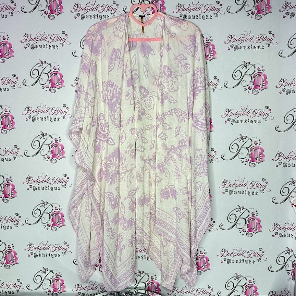 Harlow cardigan one size fits all white cream purple floral flowers kimono style